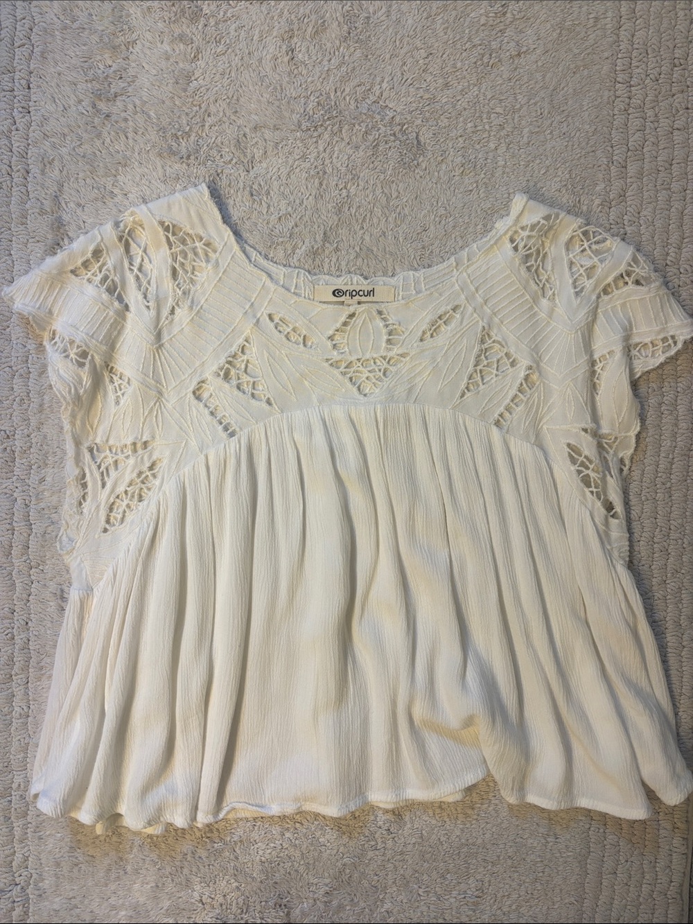 Rip Curl Cream Crochet Yoke Flutter Sleeve Top